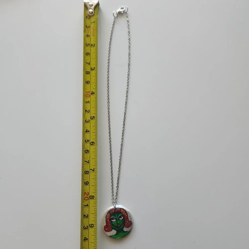 Unique colourful green witch pendant on a dainty silver chain - Picture 11 of 13